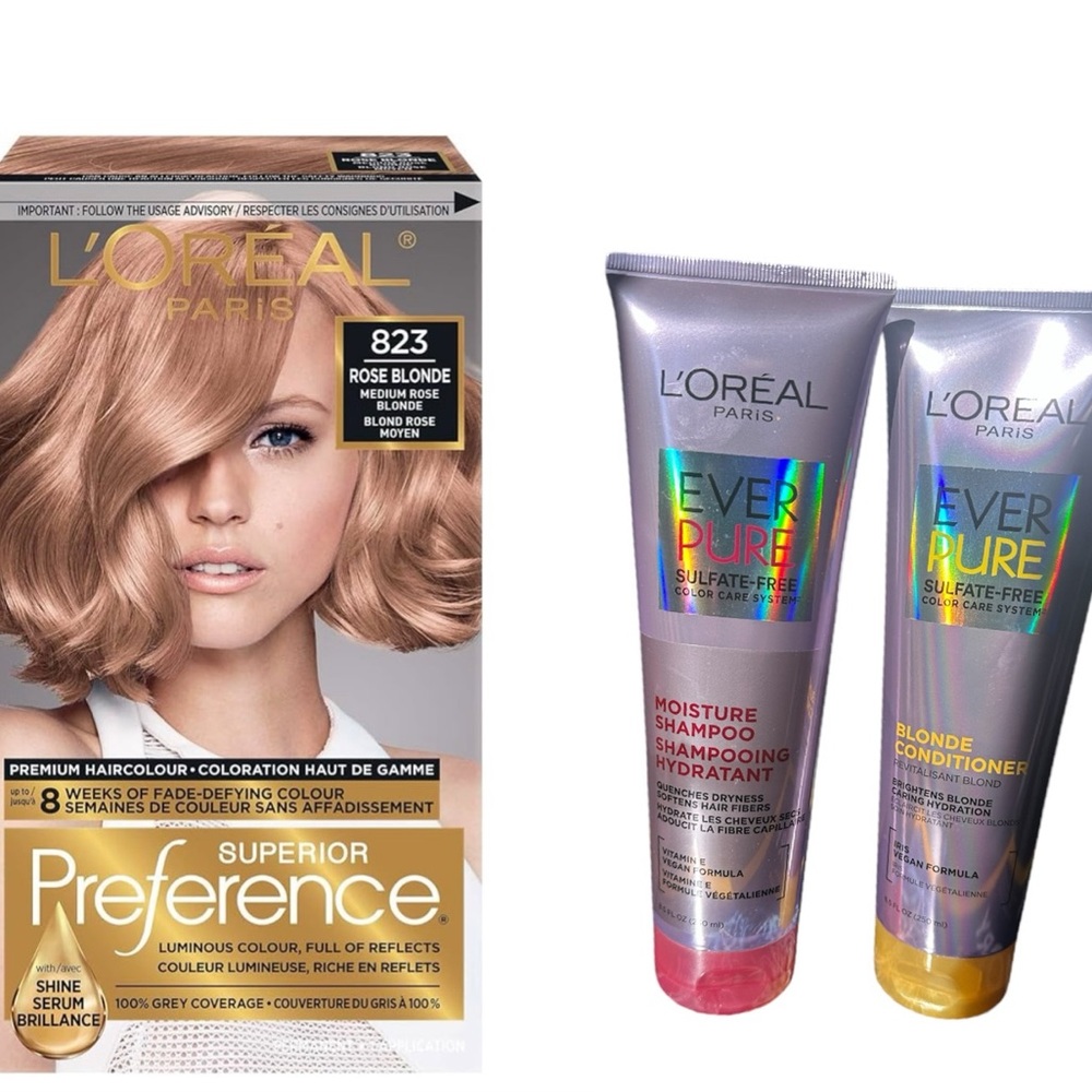 L'Oreal Hair Color Rose Blond,  and EverPure Shampoo & Conditioner Set of 3